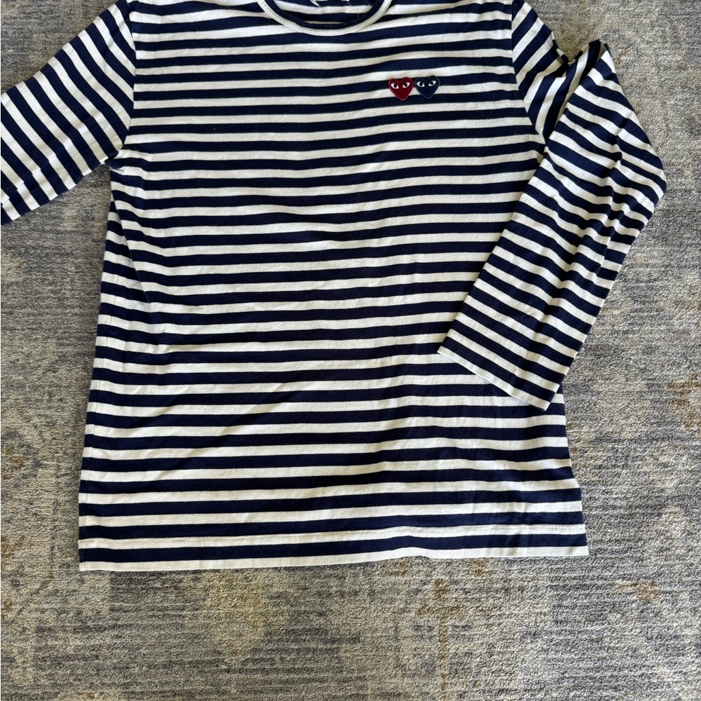 Comme des Garcons Navy and White Striped Long Sleeve Tee